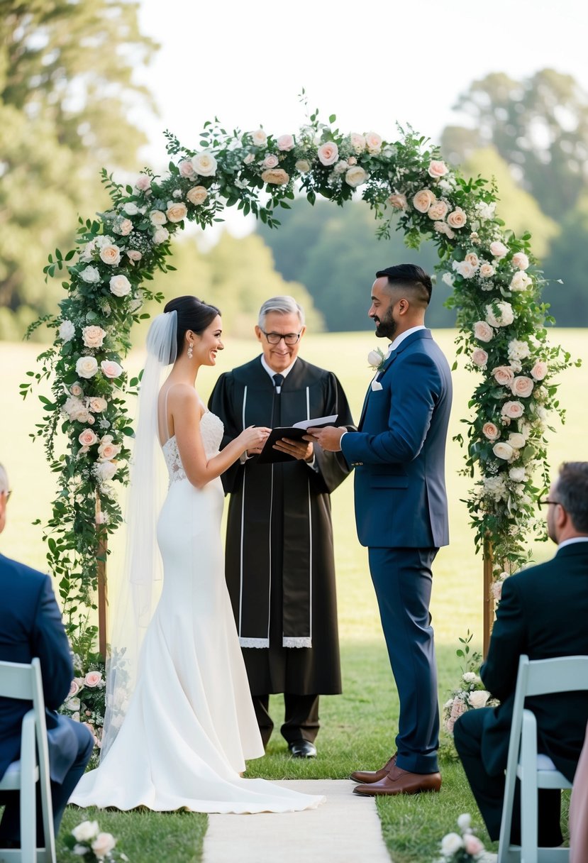 A small, intimate outdoor wedding ceremony with a friend or family member officiating under a floral archway