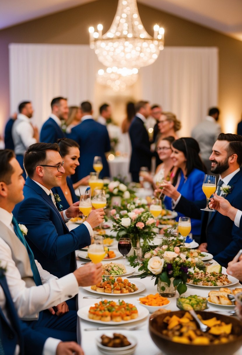 Guests enjoying a variety of appetizers and drinks at a beautifully decorated cocktail hour during a wedding dinner