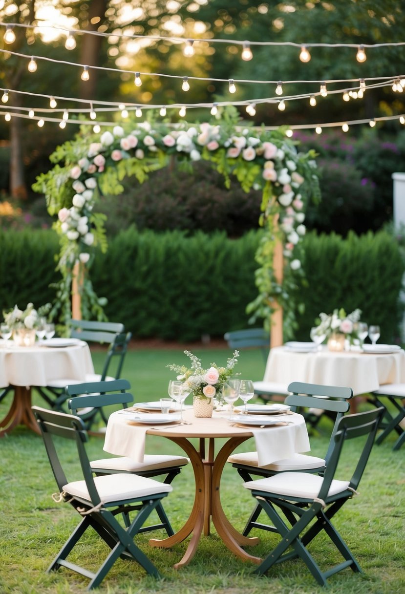 A charming outdoor garden setting with bistro tables, string lights, and a floral arch for a small wedding brunch or lunch reception