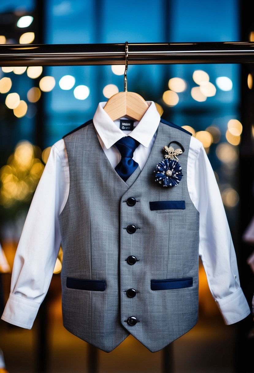 A young boy's grey waistcoat set displayed on a hanger with matching accessories