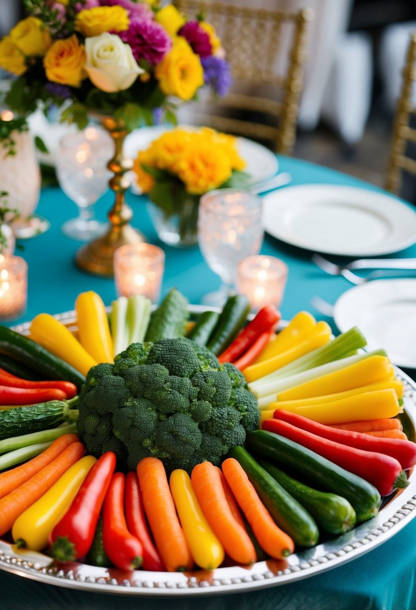 A colorful veggie tray arranged with fresh seasonal vegetables on a decorative platter for a wedding dinner