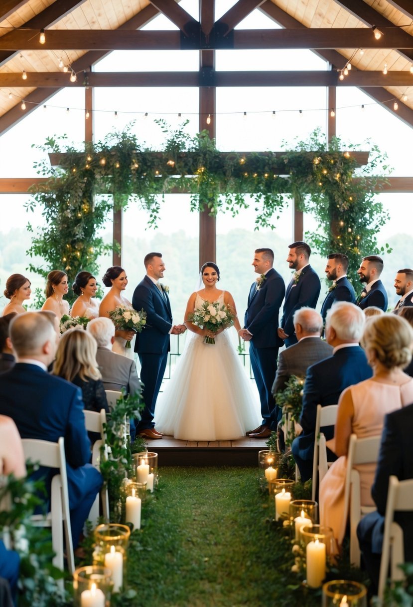 A cozy, intimate wedding ceremony with standing room only, adorned with twinkling lights and lush greenery