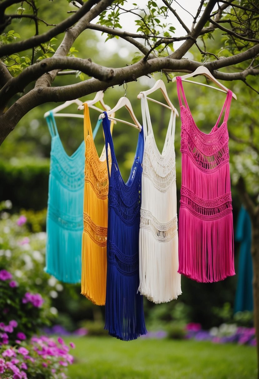 A whimsical outdoor garden setting with colorful bohemian fringe dresses hanging from tree branches