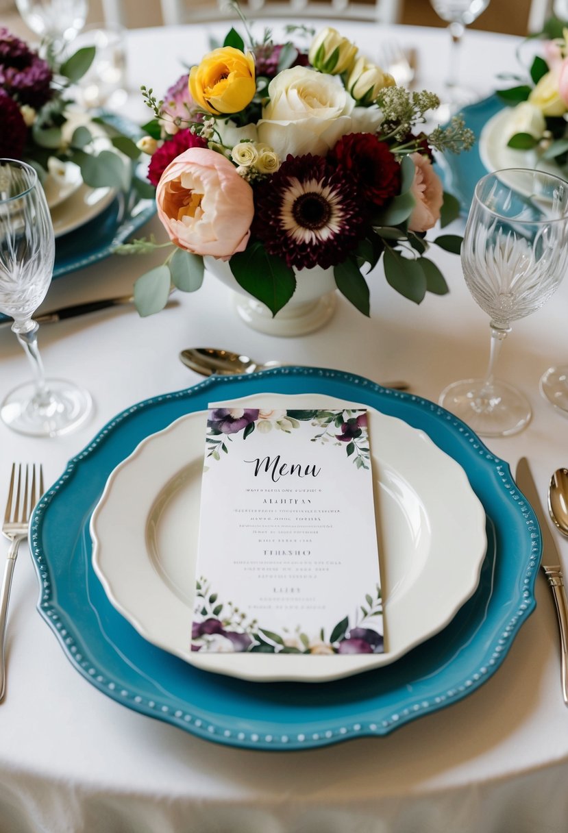 A beautifully set table with elegant dinnerware, floral centerpieces, and personalized menu cards