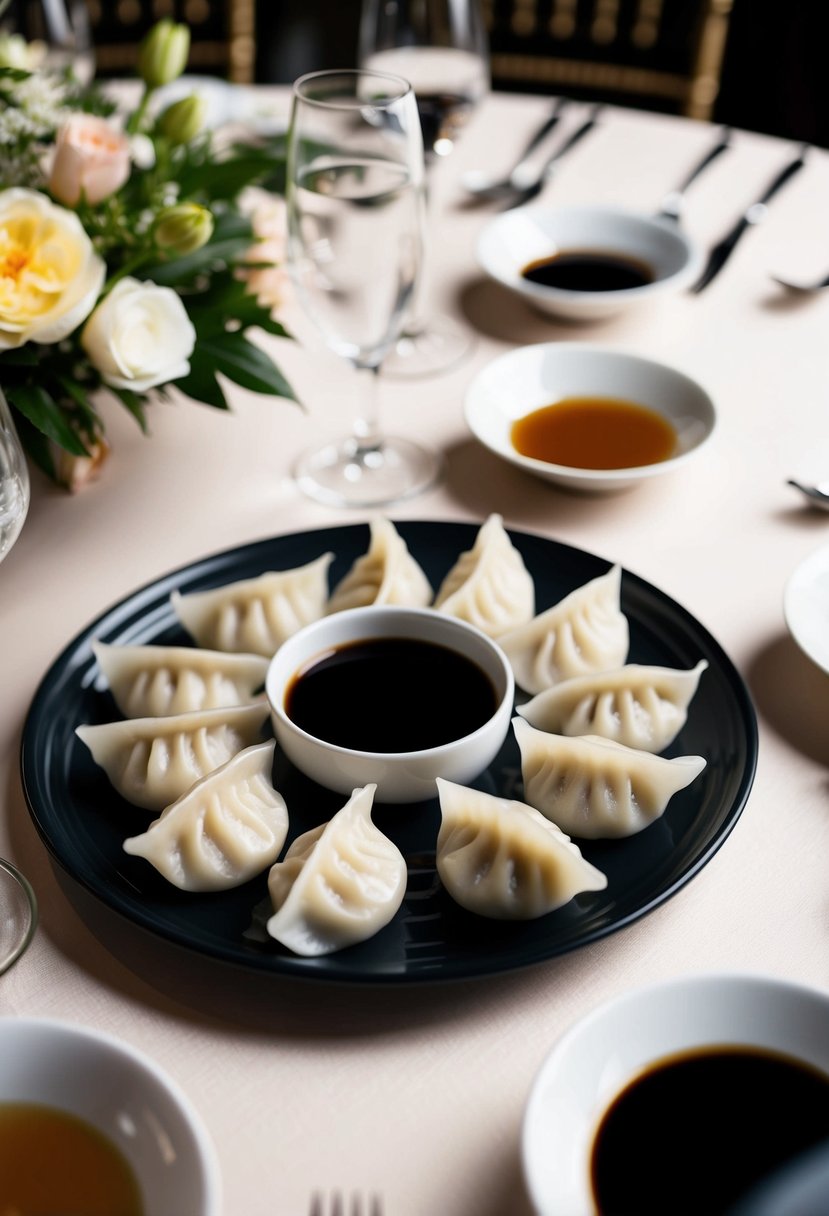 A platter of steamed dumplings surrounded by small dishes of soy dipping sauce on a table set for a wedding dinner