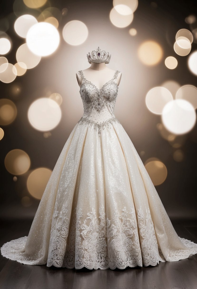 A sparkling, floor-length gown with a full, flowing skirt and delicate lace details, adorned with shimmering jewels and a regal tiara