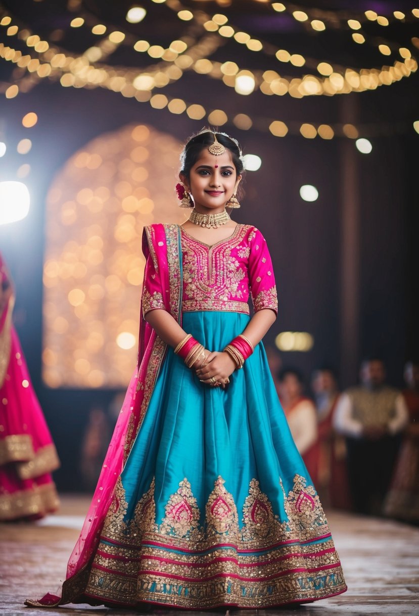 A vibrant silk Anarkali dress adorned with intricate embroidery and delicate embellishments, designed for a child's wedding attire