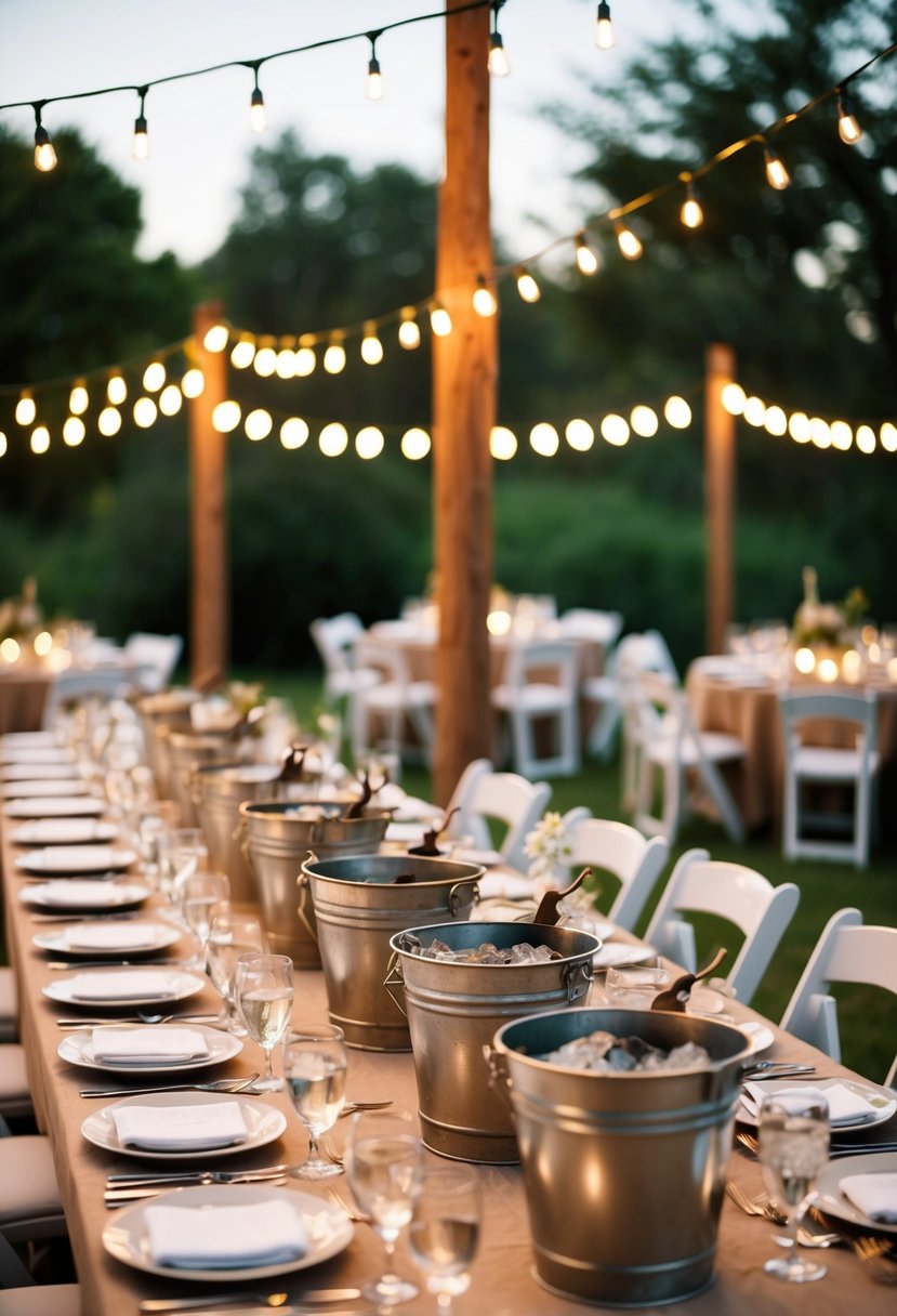 A rustic outdoor wedding dinner with portable oyster buckets as the centerpiece, surrounded by elegant table settings and twinkling string lights