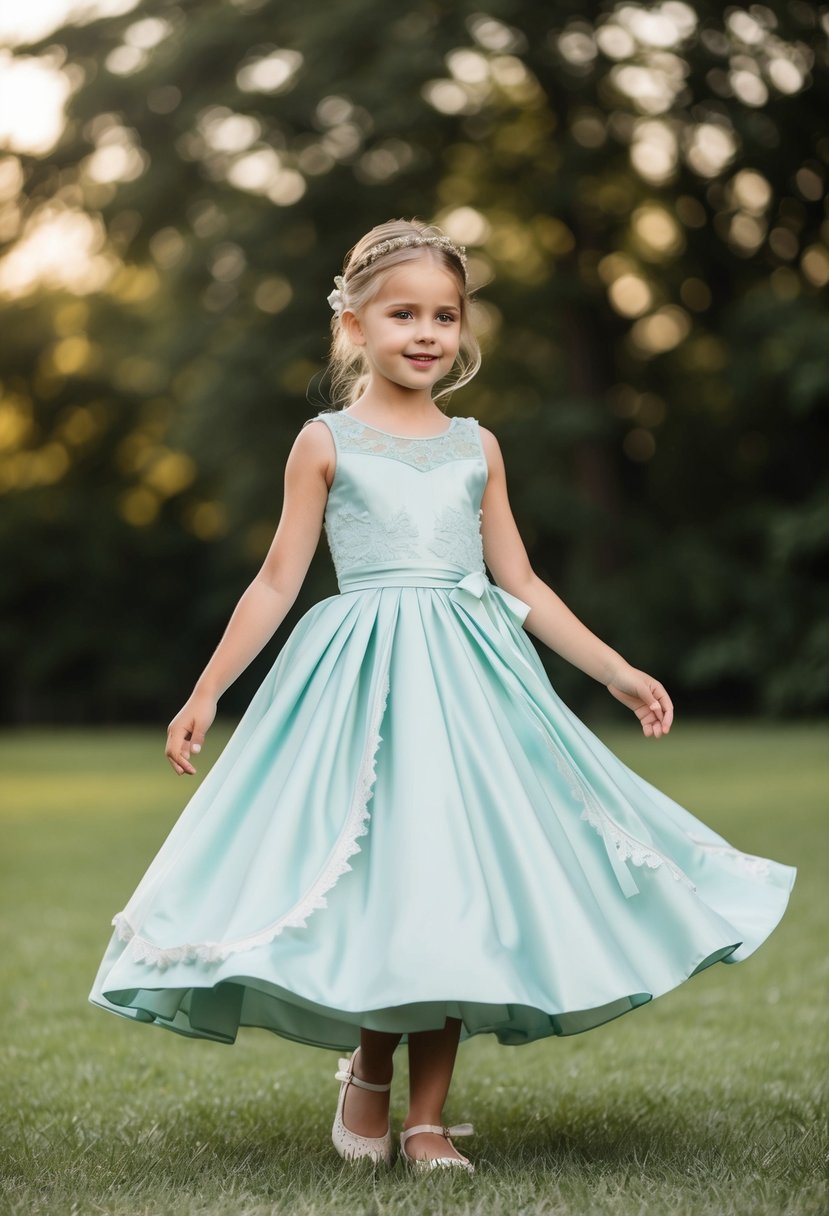 A young girl twirls in a full taffeta dress with a fitted bodice and a flared skirt, adorned with delicate lace and ribbon details