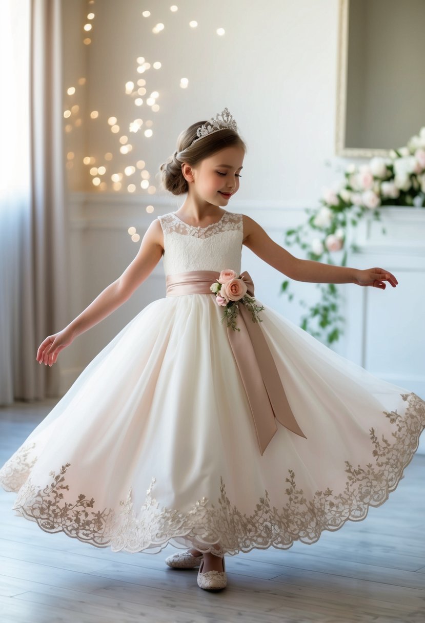 A young girl twirls in a floor-length, lace-trimmed gown with a satin sash and delicate floral accents. Sparkling tiara and dainty ballet flats complete the look