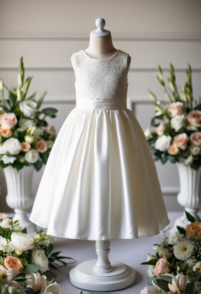 A lace bodice flower girl dress displayed on a mannequin, surrounded by elegant wedding decor and flowers