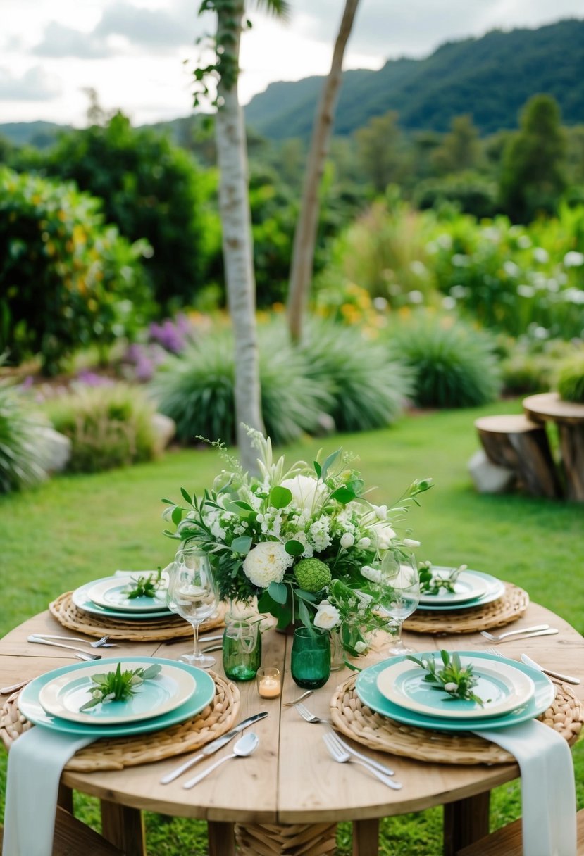 A lush outdoor wedding with eco-friendly decor and reusable tableware, surrounded by natural scenery and renewable energy sources