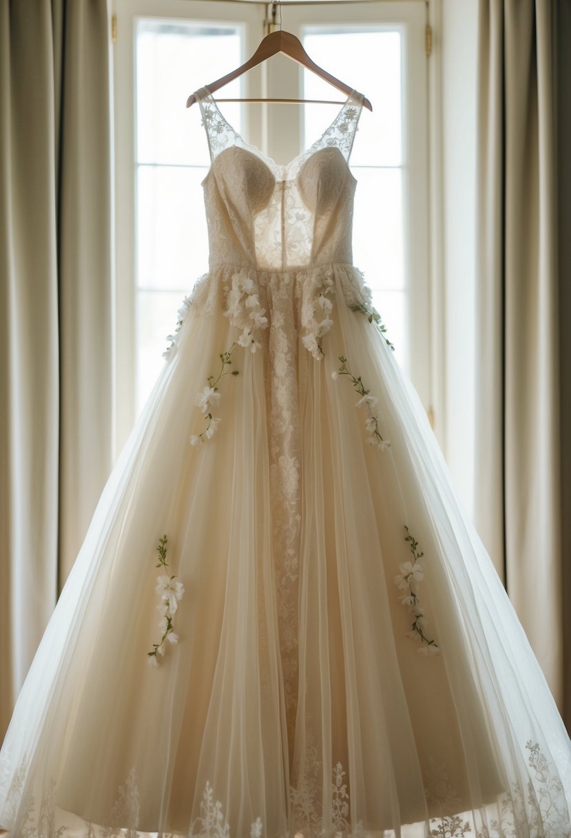 A vintage gown with tulle and lace, adorned with delicate floral details, hangs on a dress form in a softly lit room