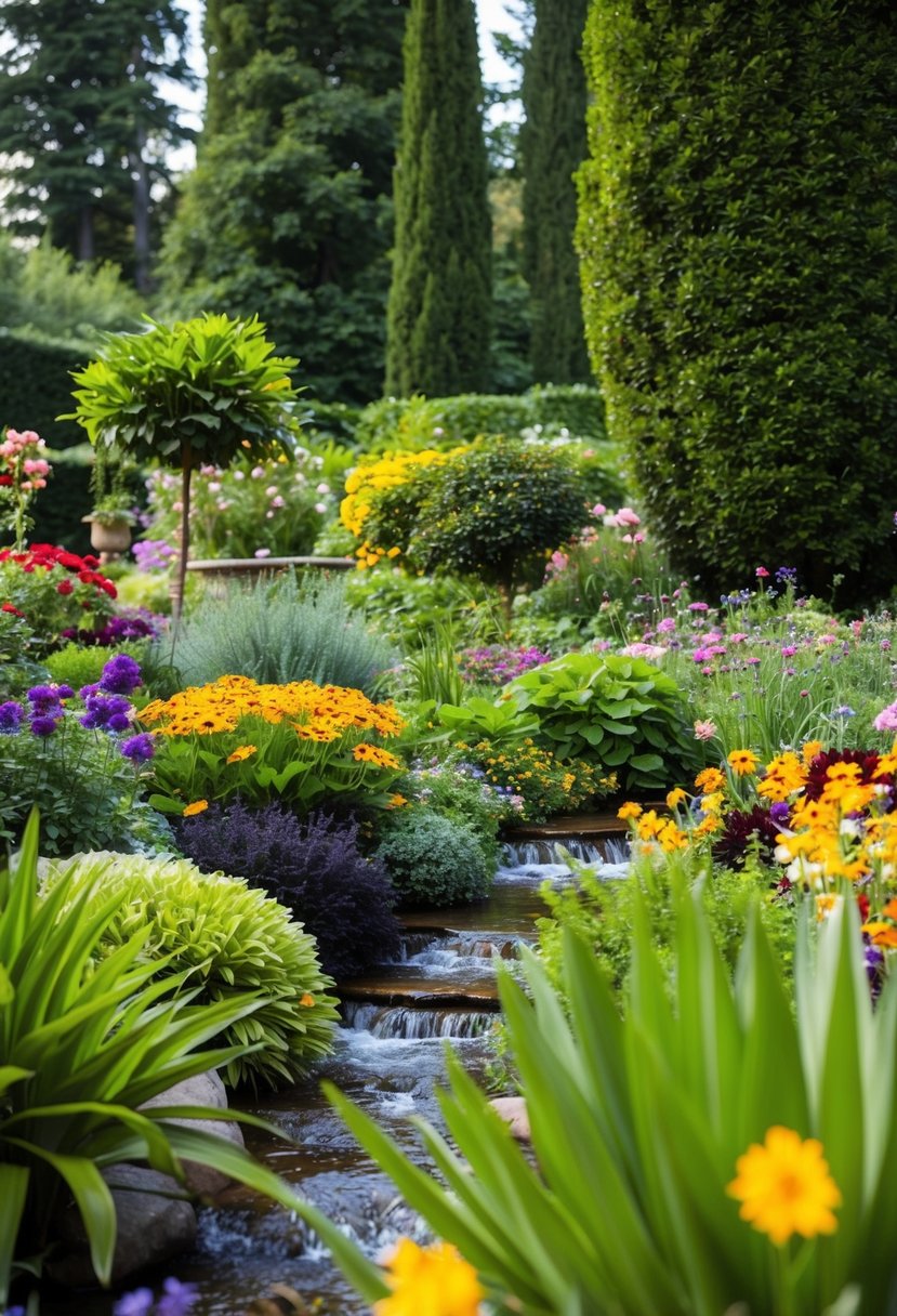 A lush outdoor garden with a variety of colorful flowers and plants, surrounded by tall trees and a gently flowing stream