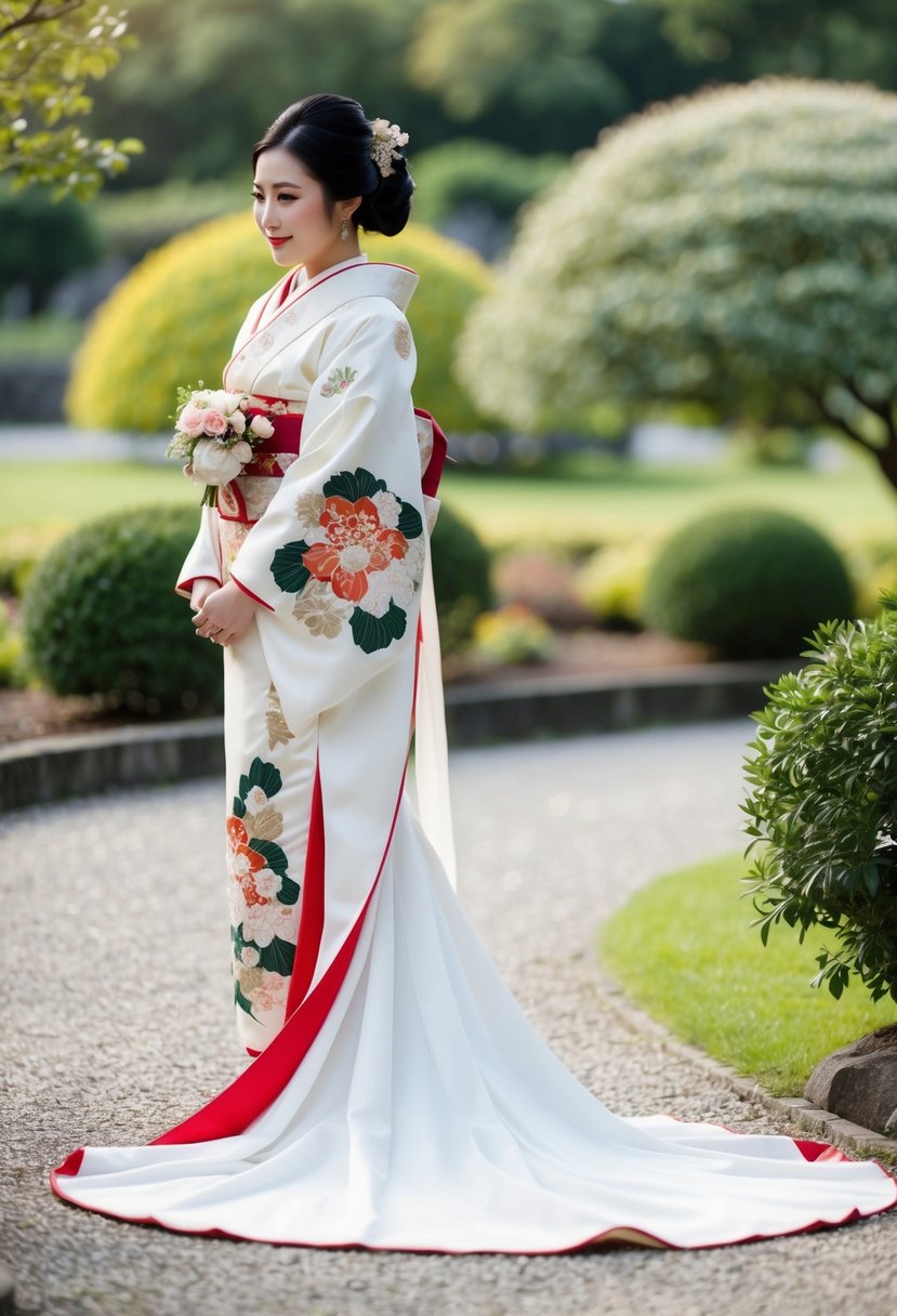 A bride in a traditional Japanese wedding kimono, adorned with intricate floral patterns and a long flowing train, standing in a serene garden