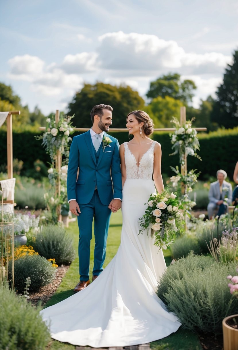 A bride and groom wearing organic cotton wedding attire in a garden setting, surrounded by sustainable decor and eco-friendly elements