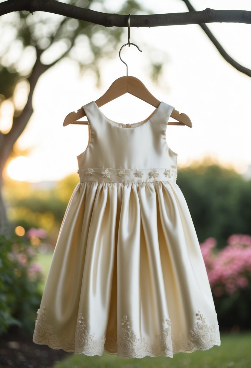 A child's elegant silk satin A-line dress hanging on a hanger, with delicate lace and floral details