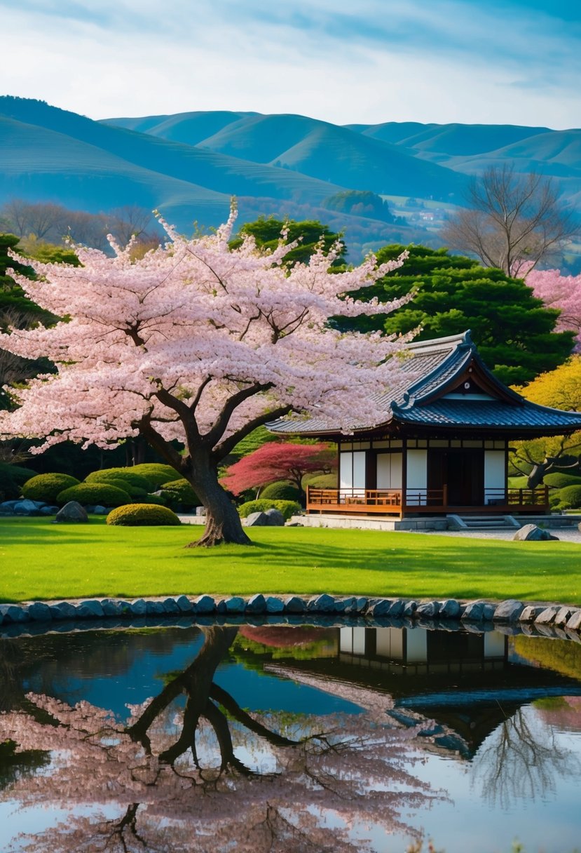 A serene Japanese garden with a blossoming cherry tree, a tranquil pond, and a traditional tea house, all set against a backdrop of rolling hills