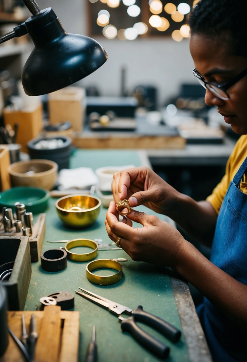 A jeweler crafting wedding rings from recycled gold in a workshop filled with sustainable materials and tools