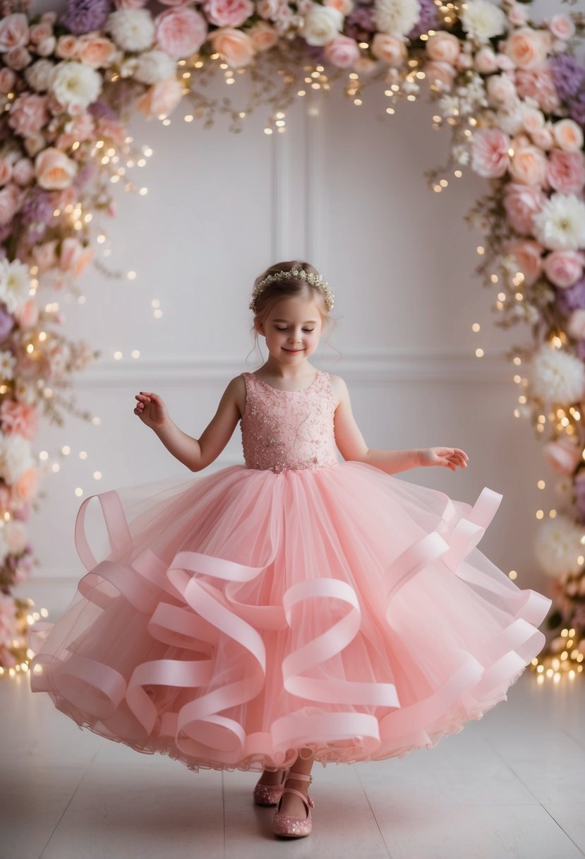 A young girl twirls in a voluminous pink tulle ball gown, surrounded by soft pastel flowers and sparkling fairy lights