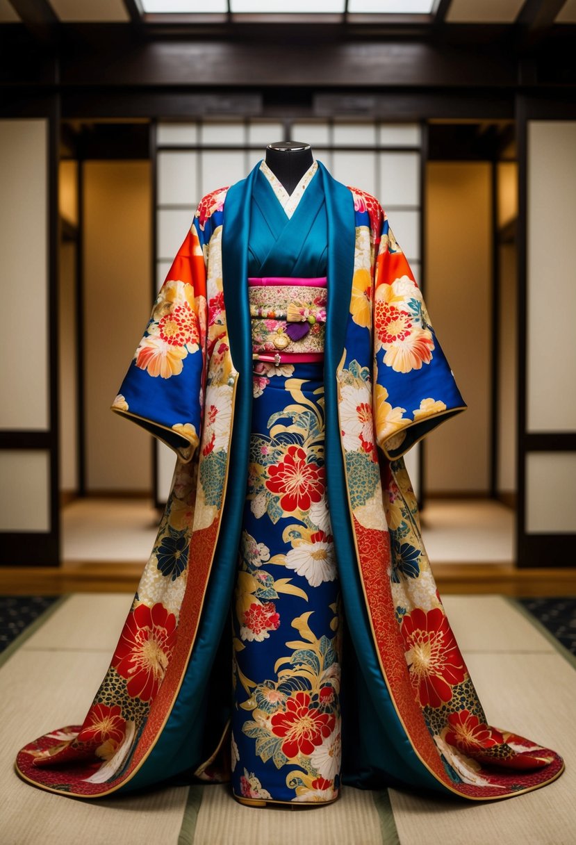 A vibrant Uchikake overcoat drapes over a sleek kimono, adorned with intricate floral patterns and bold colors, creating a striking Japanese wedding dress