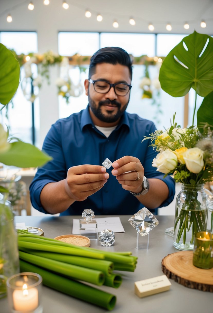 A jeweler carefully selects lab-grown diamonds, surrounded by eco-friendly wedding decor and sustainable materials