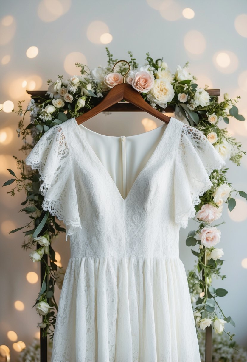 A white lace flutter sleeve dress on a hanger, surrounded by delicate flowers and a soft, romantic lighting