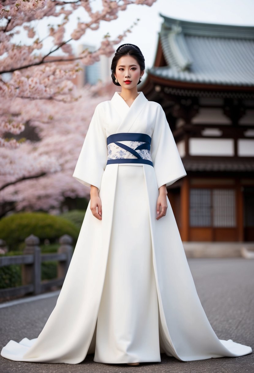 A modern white western-style gown with Japanese design elements, set against a backdrop of cherry blossoms and traditional Japanese architecture