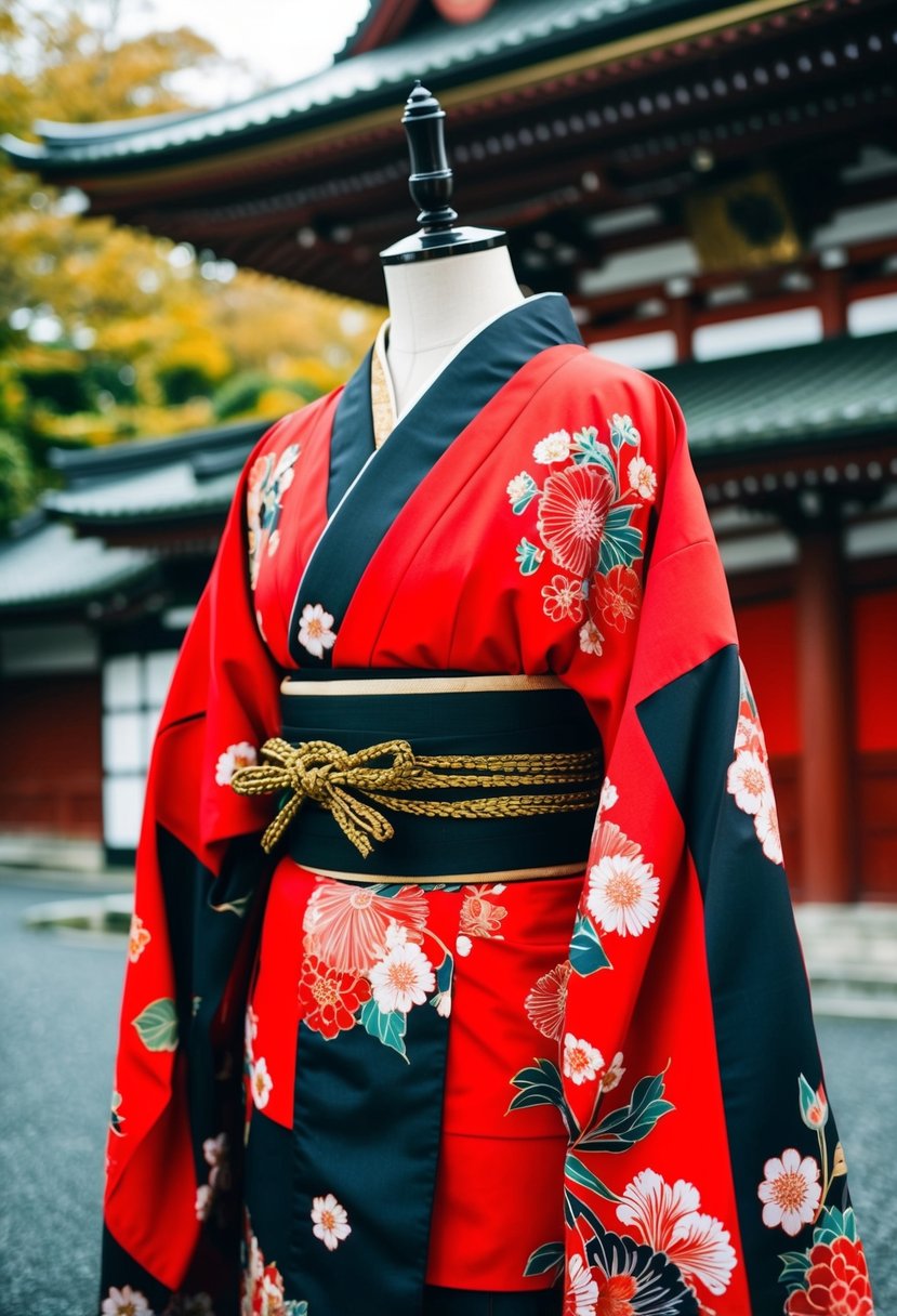 A red and black kimono adorned with intricate floral patterns, set against a backdrop of traditional Japanese architecture