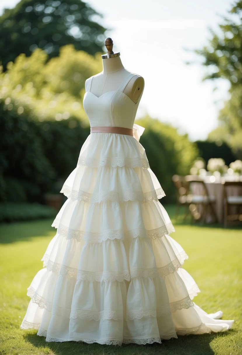 A tiered dress made of linen and cotton, adorned with delicate lace and ribbon, flowing in the gentle breeze at a garden wedding