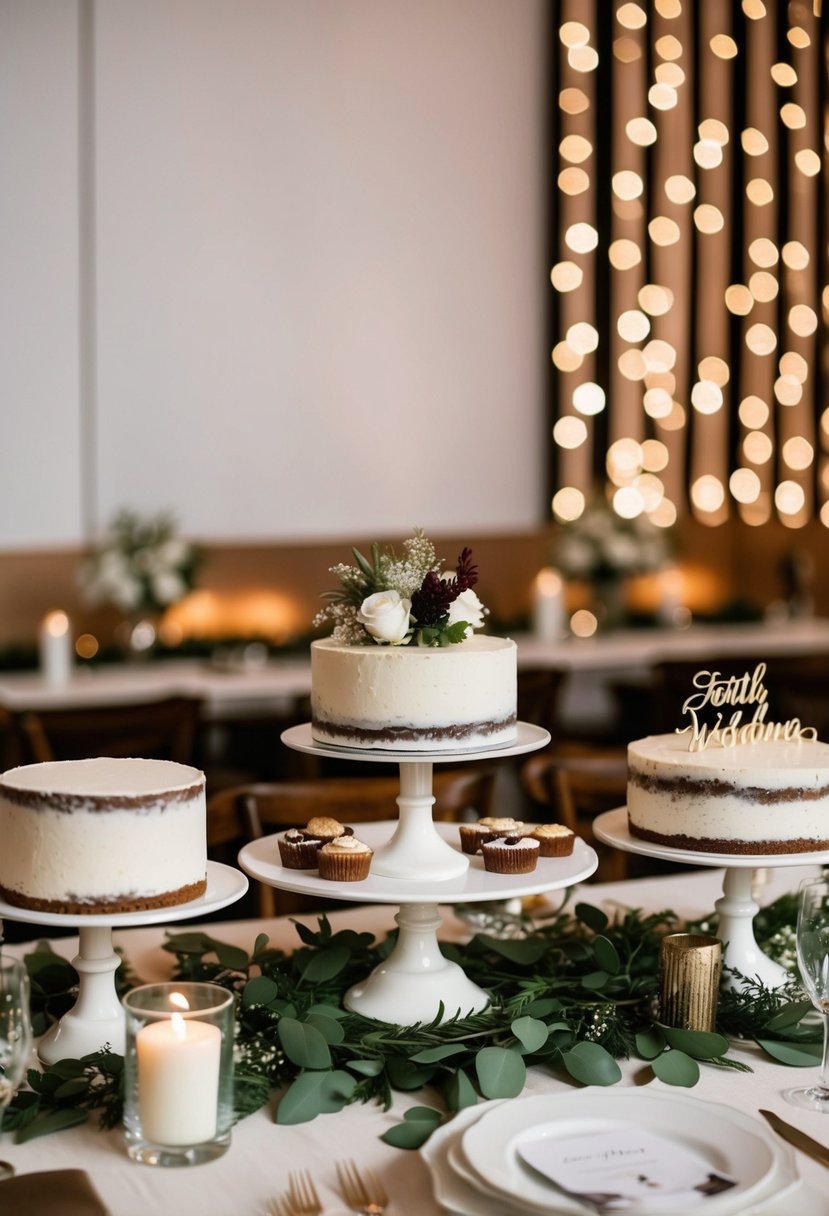 A table adorned with elegant cake stands, surrounded by sustainable wedding decor items