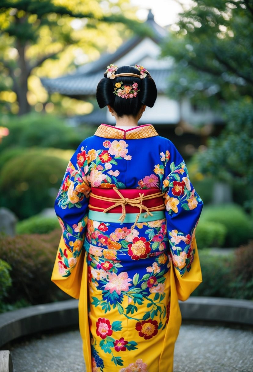 A vibrant furisode kimono with intricate floral embroidery, set against a serene Japanese garden backdrop