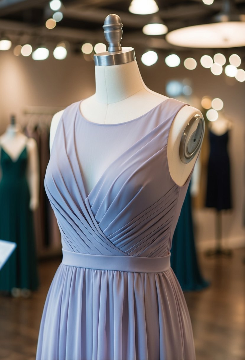 A sleeveless chiffon party dress displayed on a mannequin