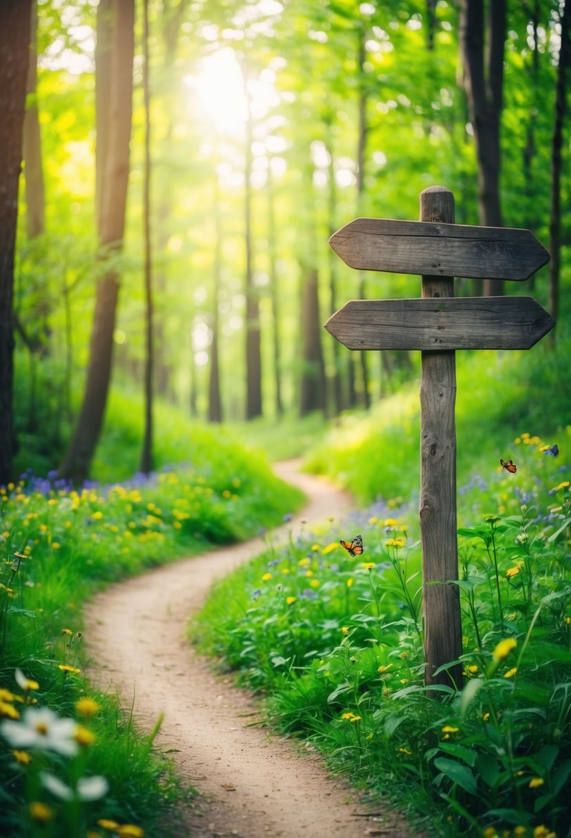 A lush forest with a winding path leading to a rustic wooden signpost, surrounded by wildflowers and butterflies