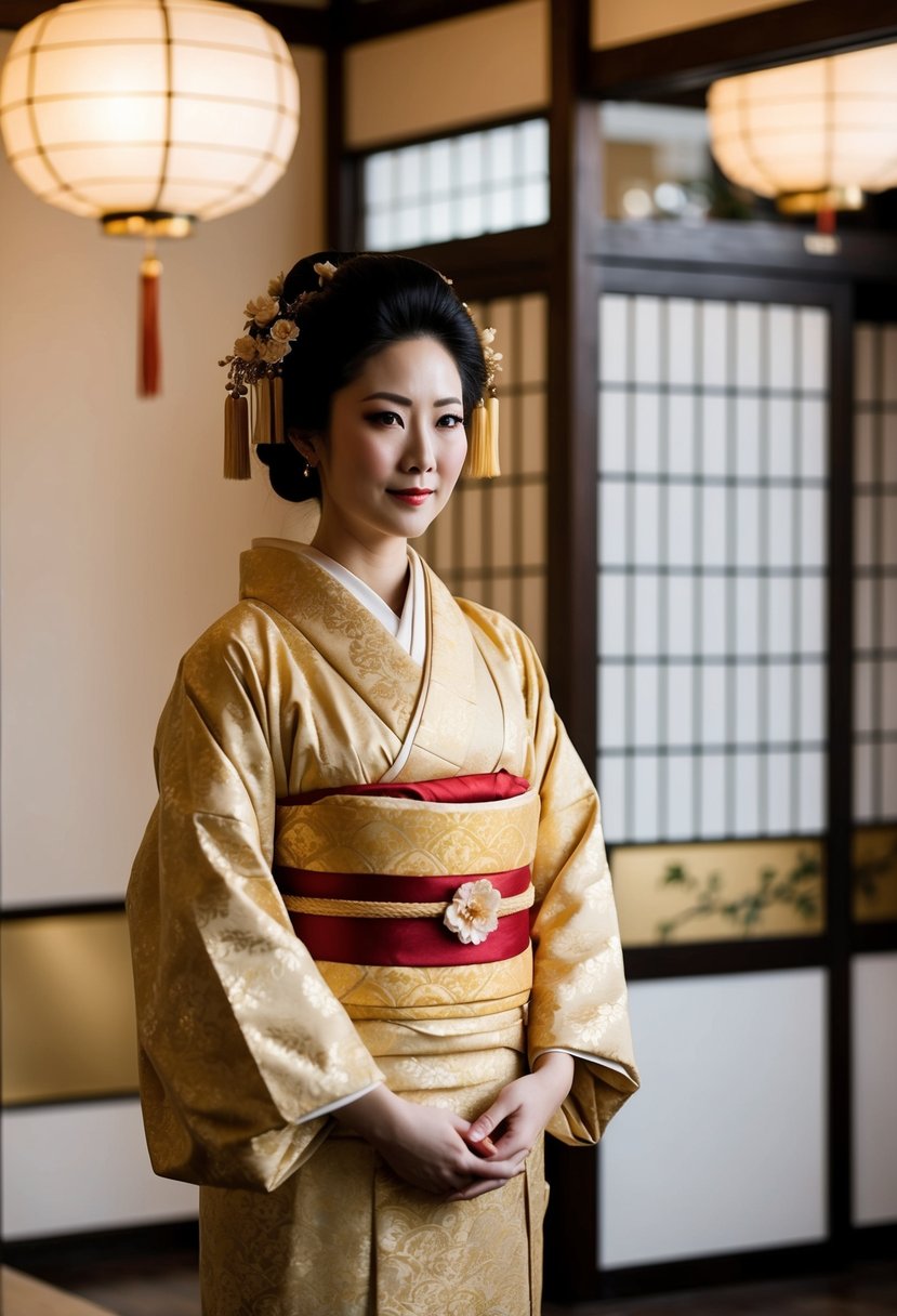 A traditional Japanese bridal kimono with intricate gold accents and floral motifs