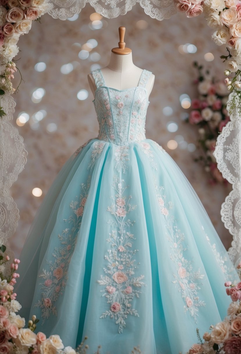 An embroidered organza princess dress displayed on a mannequin, surrounded by delicate lace and floral accents