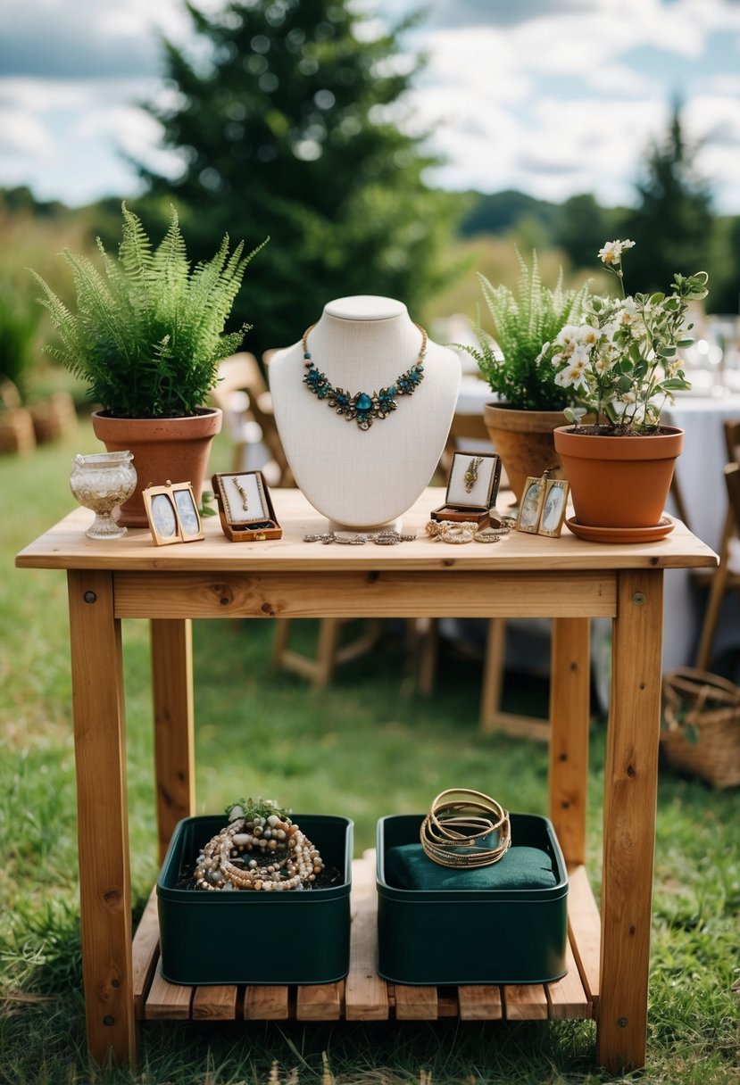 A rustic outdoor wedding setting with vintage estate jewelry displayed on a wooden table, surrounded by sustainable decor such as potted plants and recycled materials