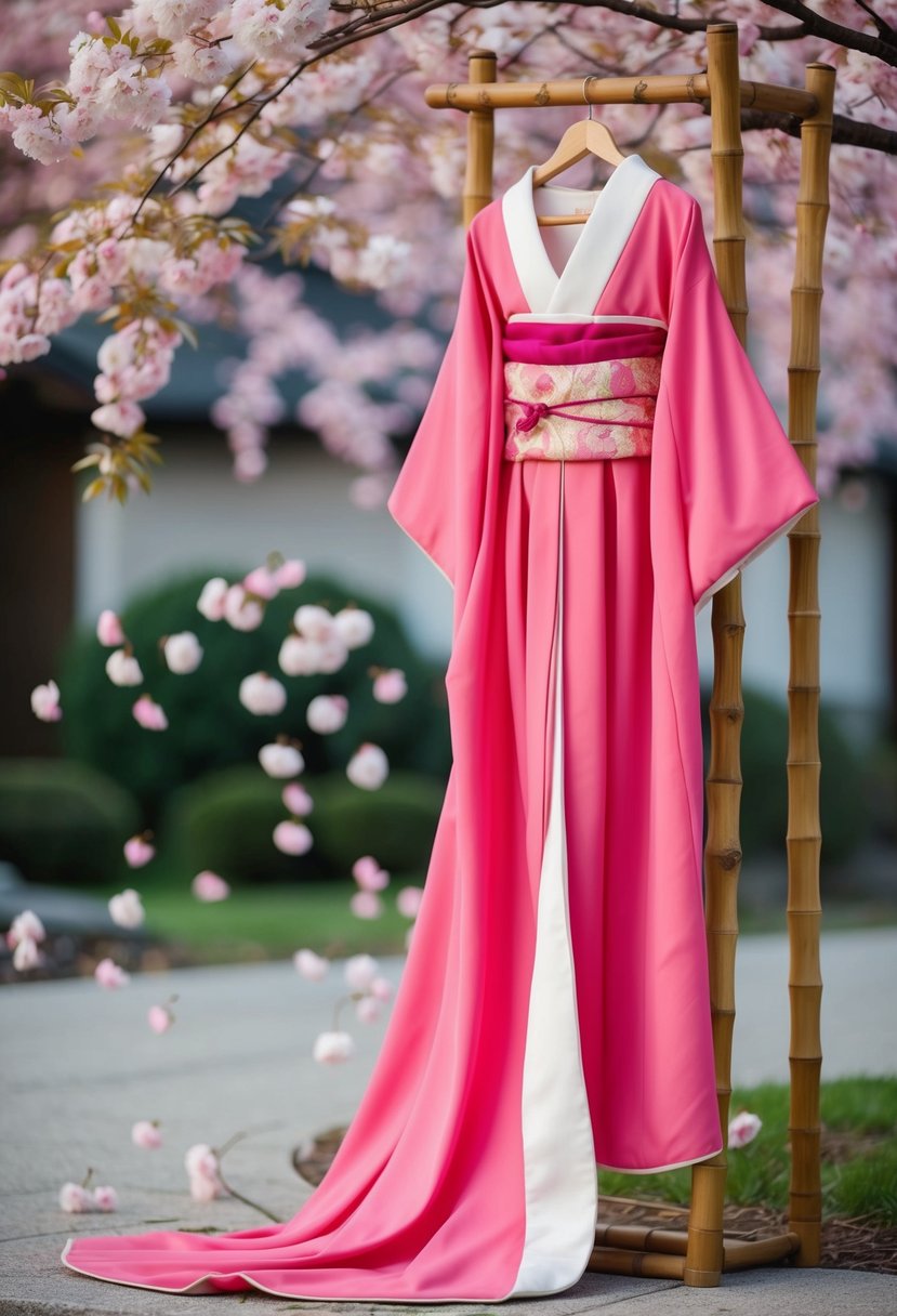 A flowing pink bridal kimono draped over a bamboo stand, with cherry blossoms scattered around