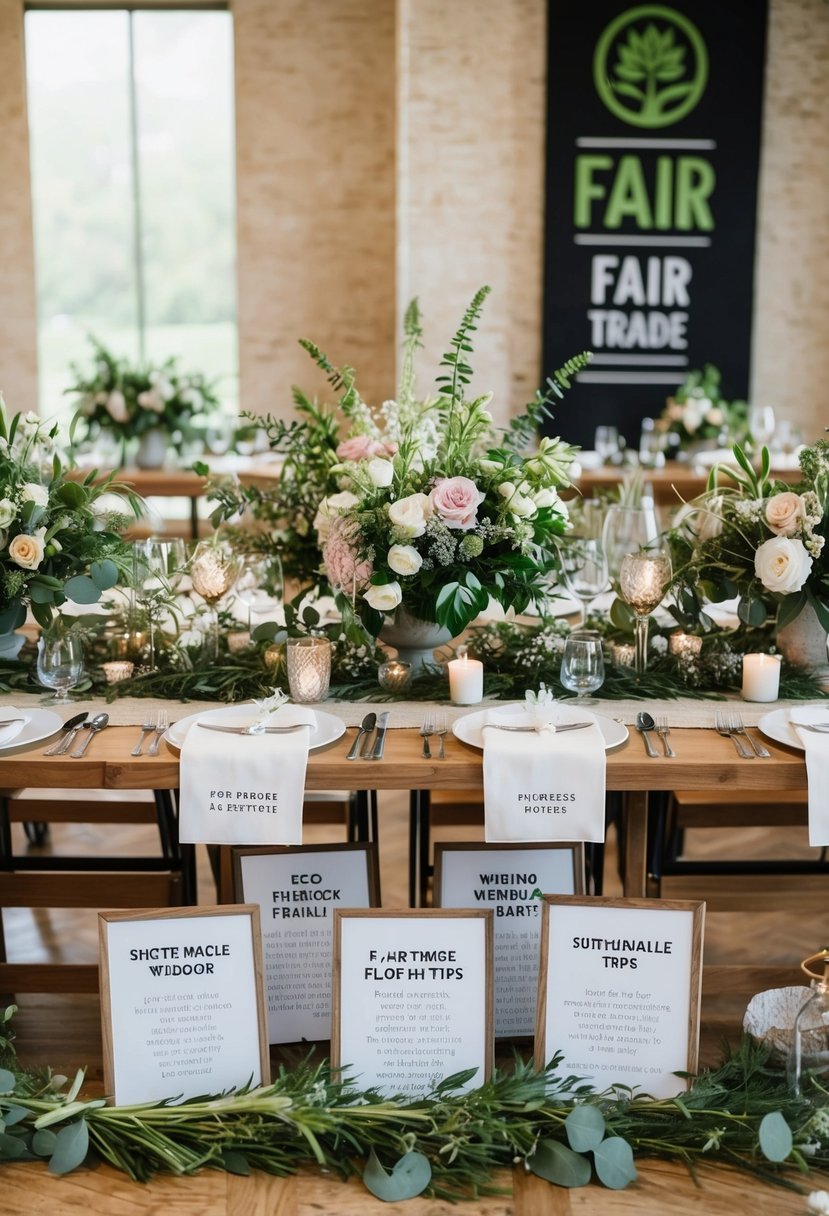 A table adorned with fair trade floral arrangements, surrounded by eco-friendly wedding decor and sustainable tips displayed on signage