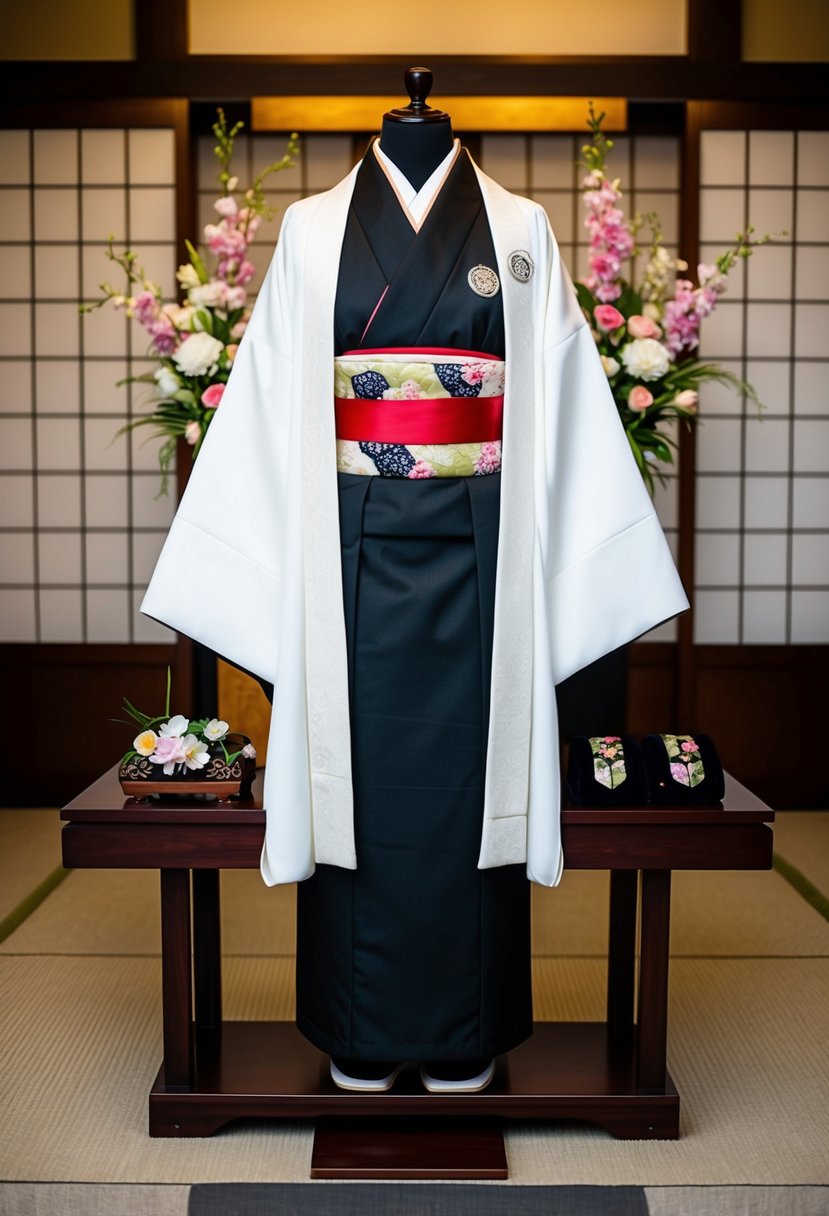 A black Montsuki kimono with white haori, displayed on a wooden stand with a floral arrangement and traditional accessories