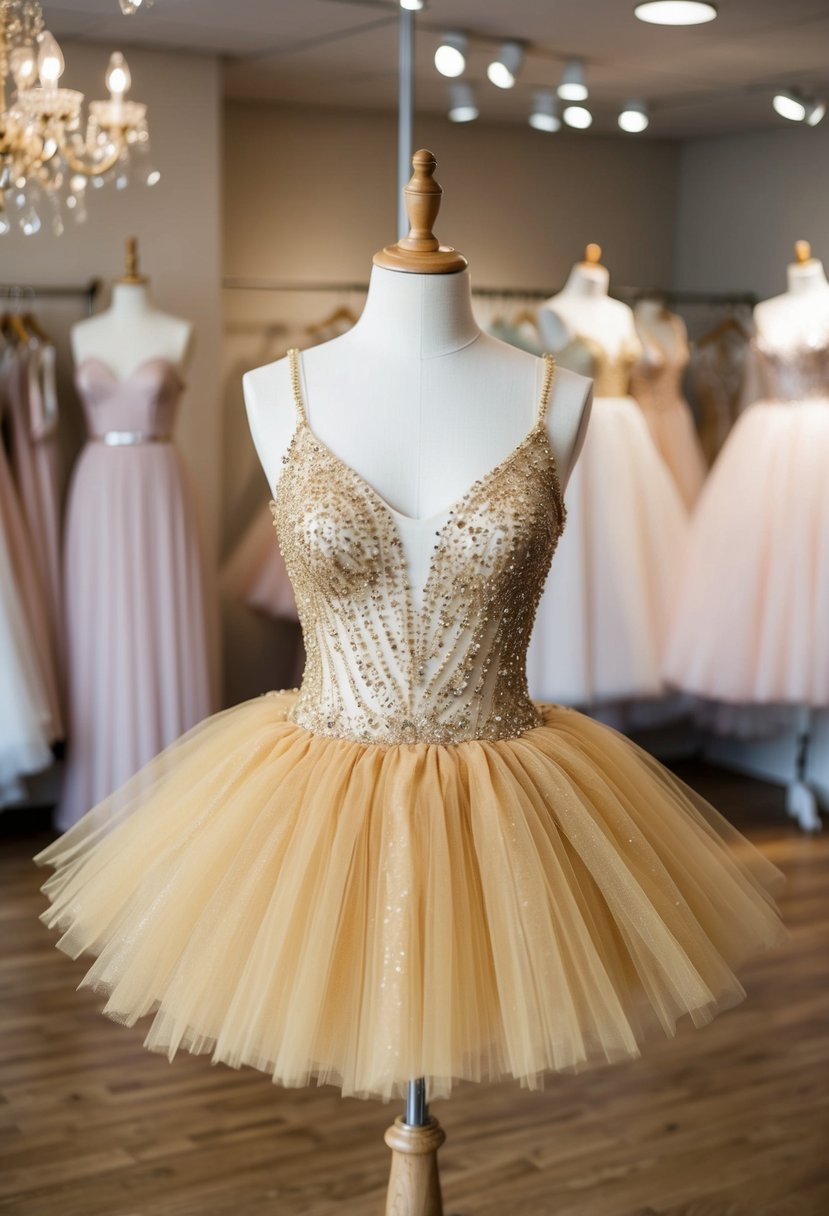 A gold embellished tutu dress displayed on a mannequin in a softly lit bridal boutique