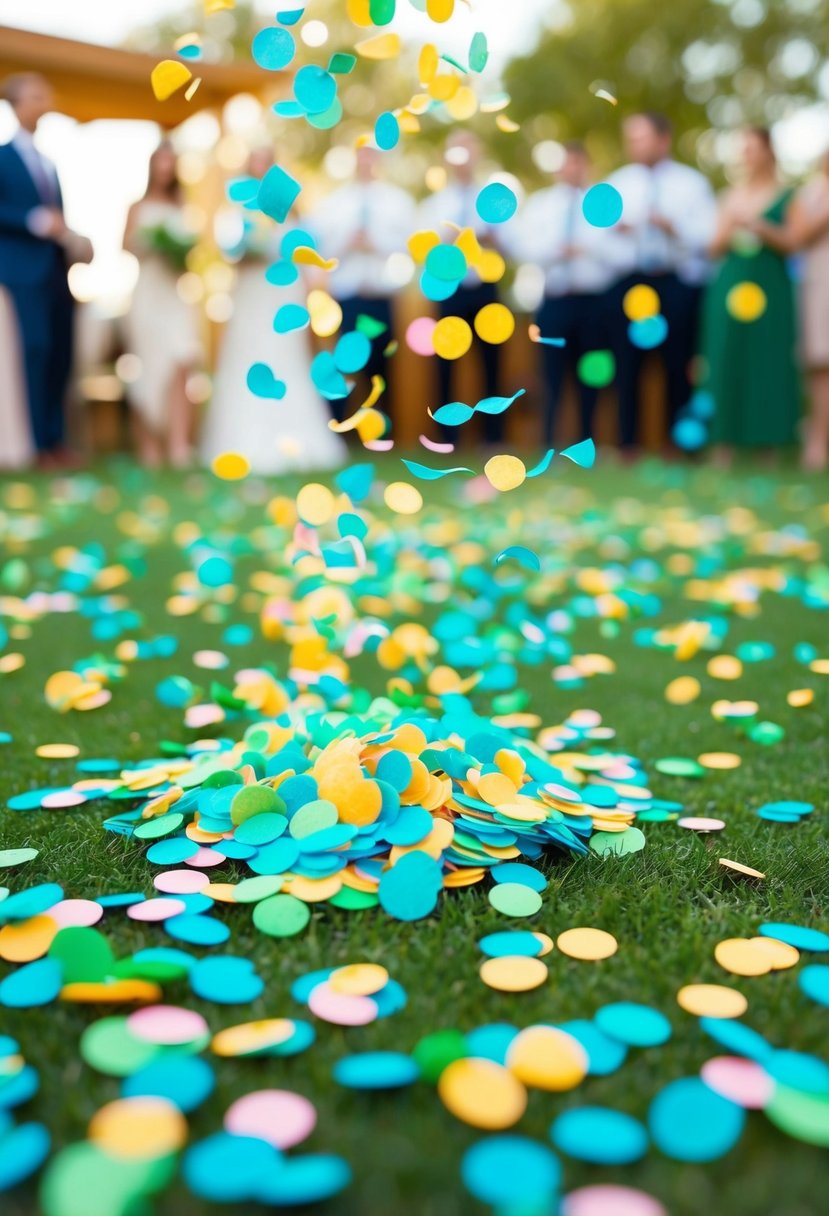 Colorful biodegradable confetti falls around a wedding venue, highlighting sustainable choices