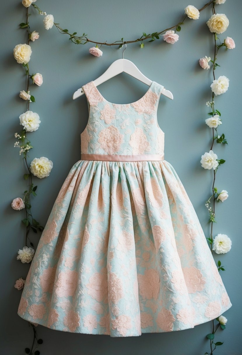 A pastel floral jacquard dress hangs on a hanger, surrounded by delicate flowers and vines, creating an elegant and whimsical wedding dress idea for kids