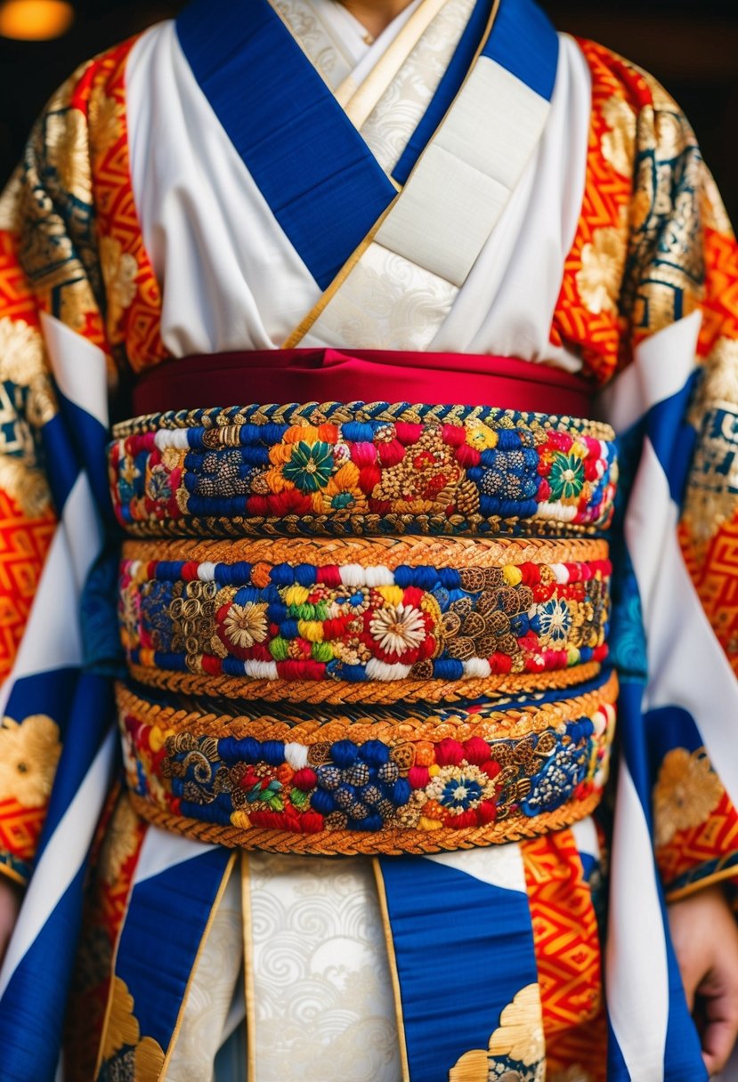 A vibrant, intricately woven obi belt adorned with traditional Japanese motifs, complementing a stunning wedding kimono