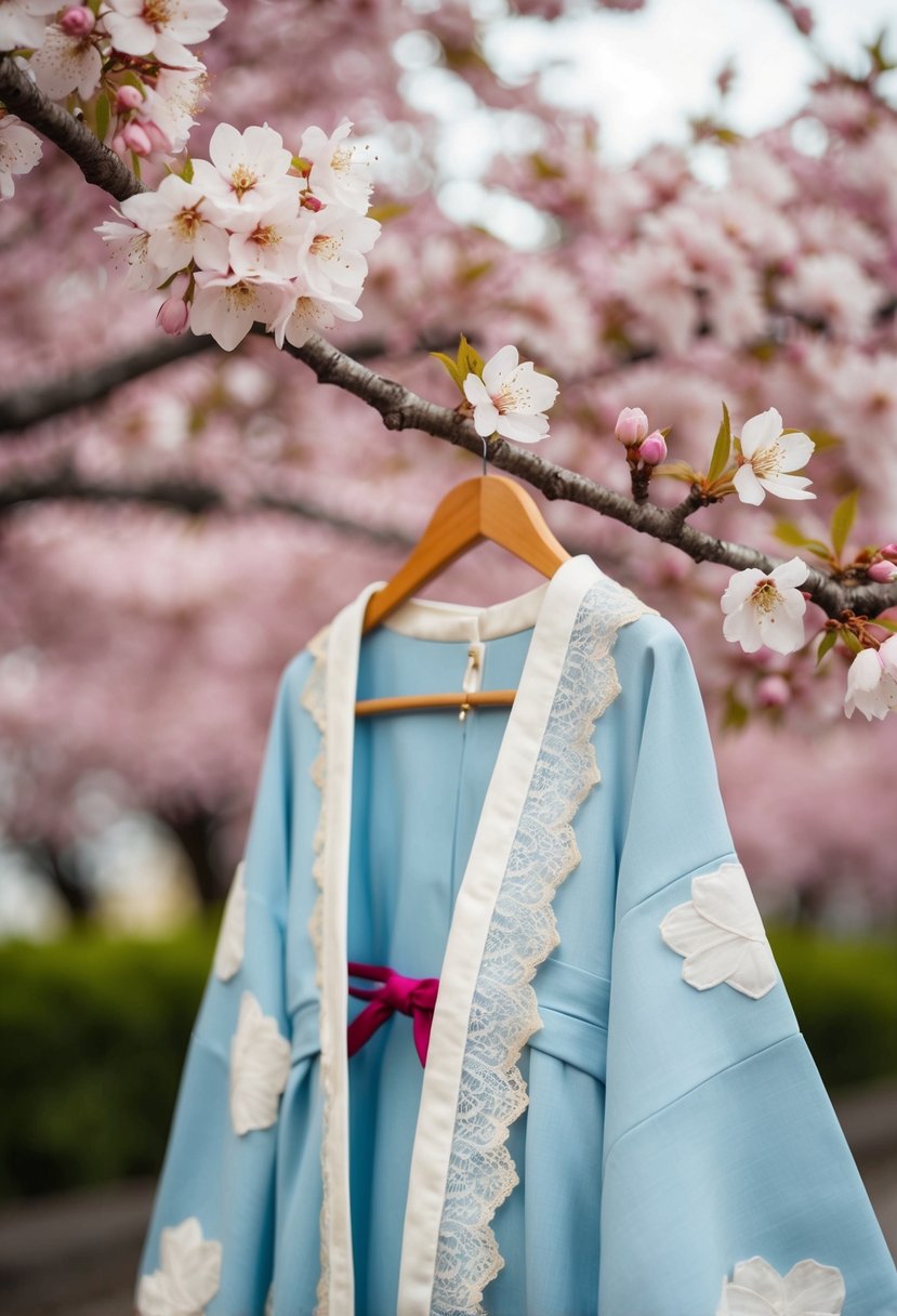 A delicate lace-trimmed kimono dress draped over a cherry blossom branch