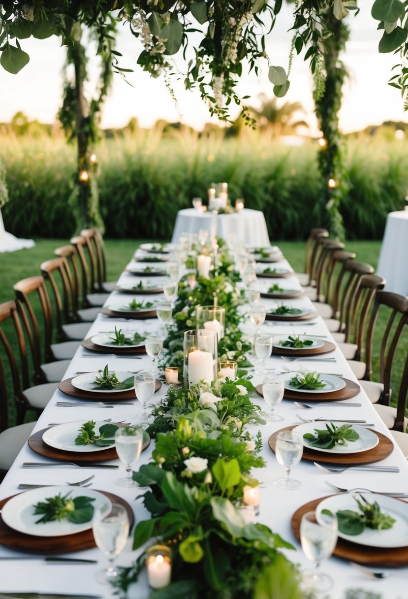 A lush outdoor wedding reception with a long table set with an elegant plant-based menu, surrounded by greenery and sustainable decor