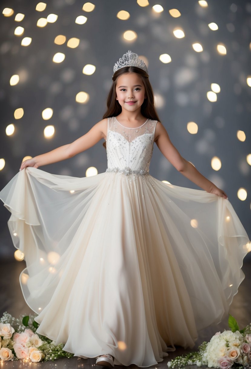 A young girl twirls in a flowing ivory cap sleeve pageant gown, surrounded by delicate flowers and sparkling lights