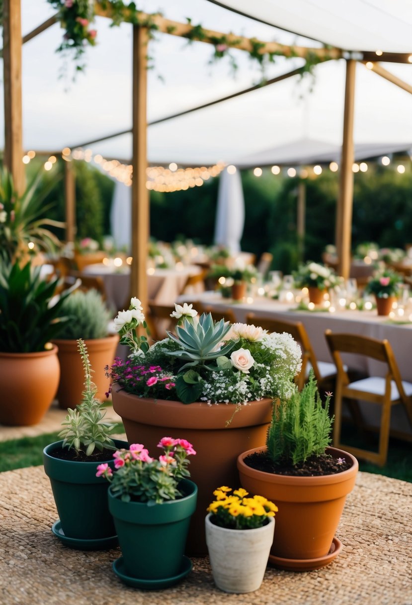 A cozy outdoor wedding venue adorned with various potted plants and flowers, creating a sustainable and eco-friendly atmosphere