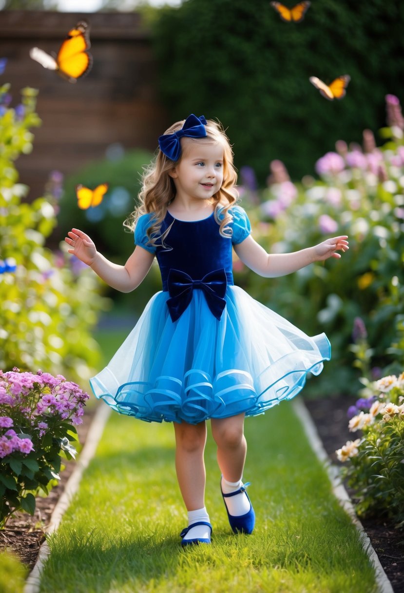 A young girl twirls in a garden, wearing a blue velvet bow dress, surrounded by blooming flowers and butterflies