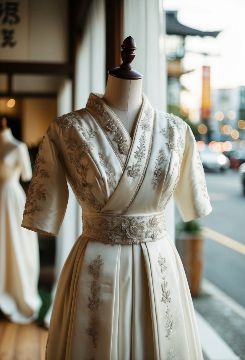 A vintage-style Japanese wedding gown displayed on a wooden mannequin, adorned with intricate embroidery and delicate silk fabric